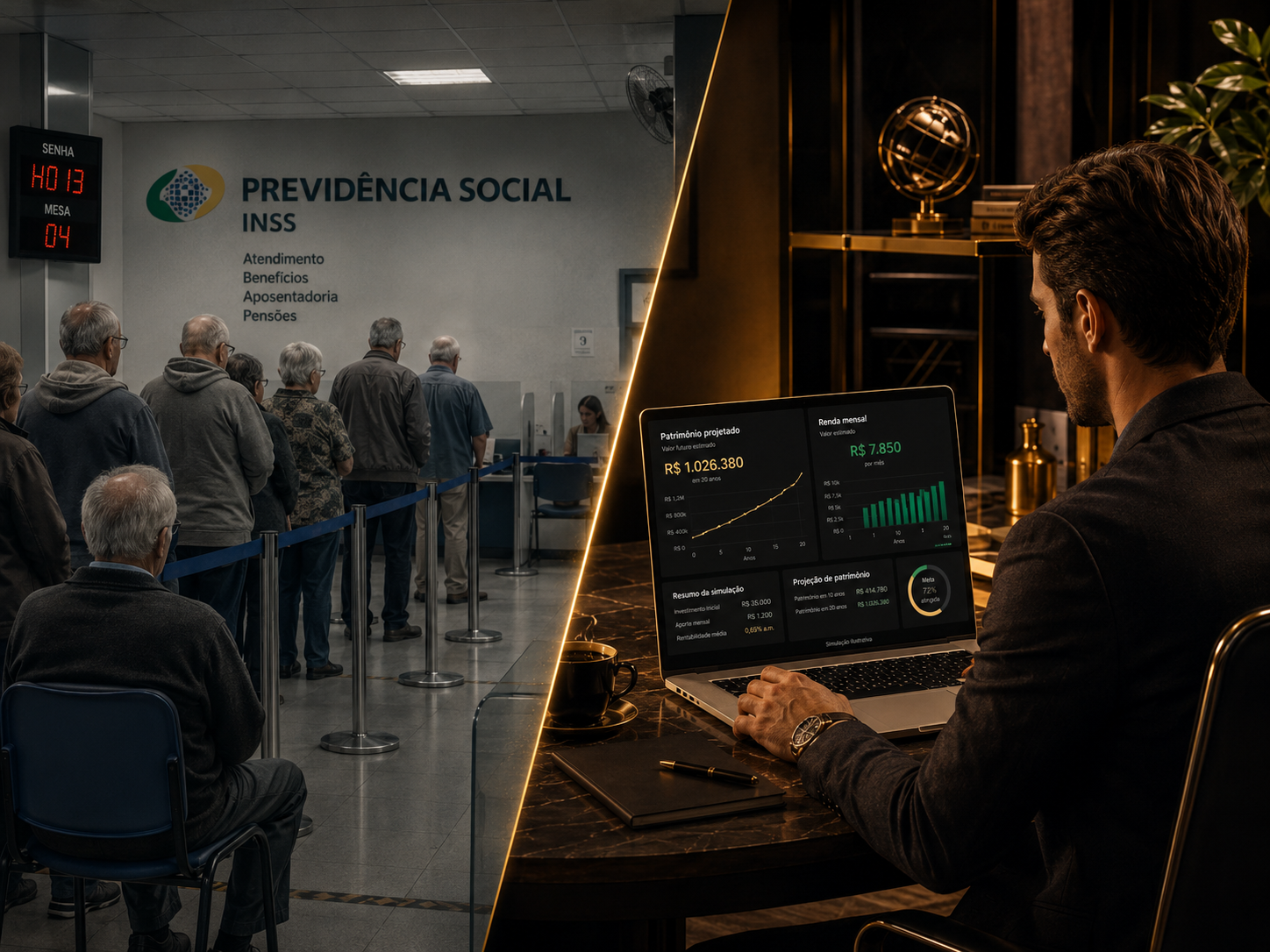 Cena dividida entre aposentados aguardando atendimento previdenciário e um jovem adulto acompanhando sua evolução patrimonial no computador
