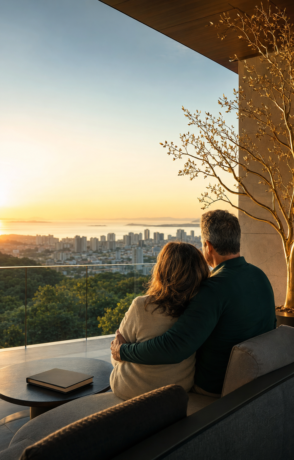 Casal maduro observando a cidade ao amanhecer, representando planejamento e futuro financeiro
