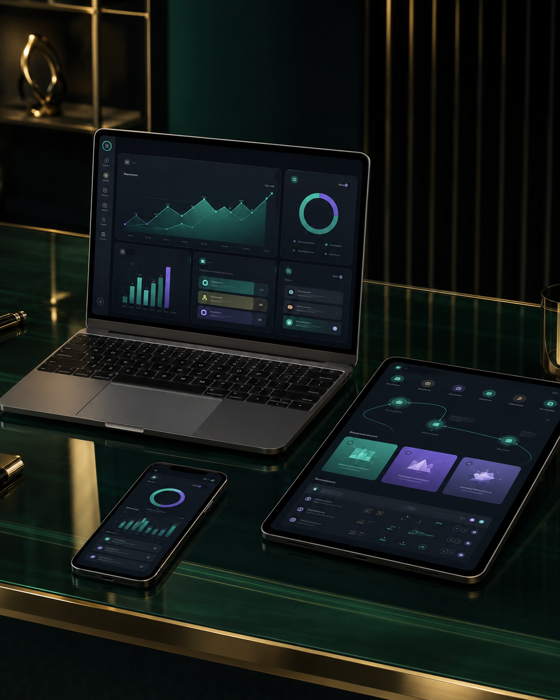 Plataforma Black Gold exibida em computador, tablet e celular